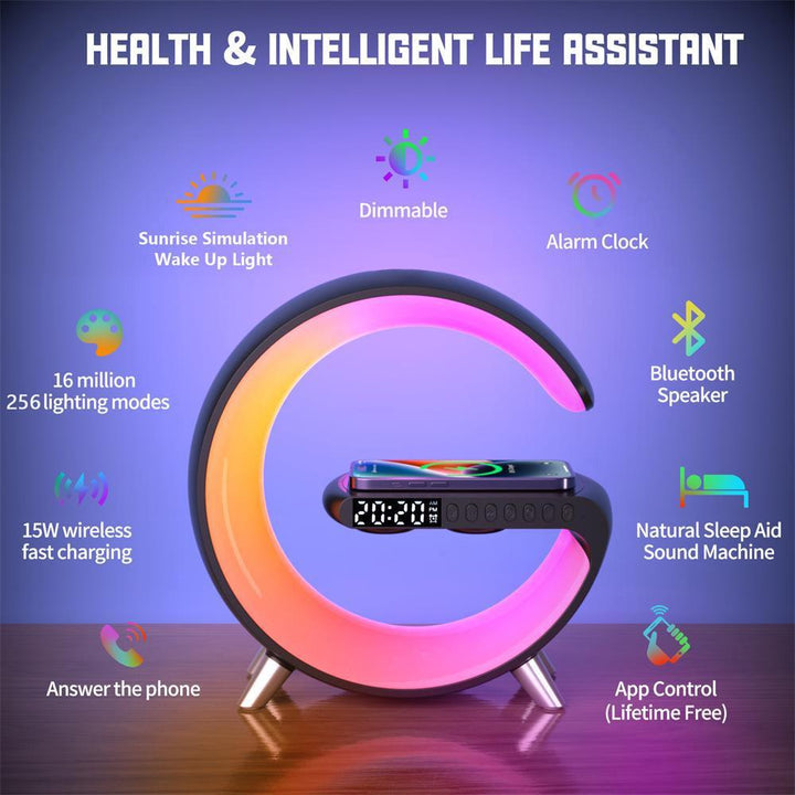 LED App Control RGB Night Light Atmosphere Lamps Digital Alarm Clock Speaker Wireless Charger Children Sleep Bedroom Decoration - GreyOp